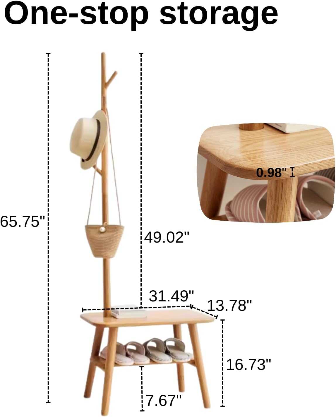 Árbol de pasillo 100% roble sólido, perchero para zapatos, pequeño árbol de entrada con banco para sala de estar, dormitorio (31.49 pulgadas,