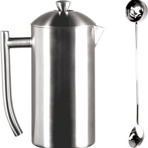 Frieling Cafetera de prensa francesa de acero inoxidable de doble pared, cepillada, 44 onzas más cucharaagitador de café de acero inoxidable 1810, 2 Frieling Cafetera de prensa francesa de acero inoxidable de doble pared, cepillada, 44 onzas más cucharaagitador de café de acero inoxidable 1810, 2