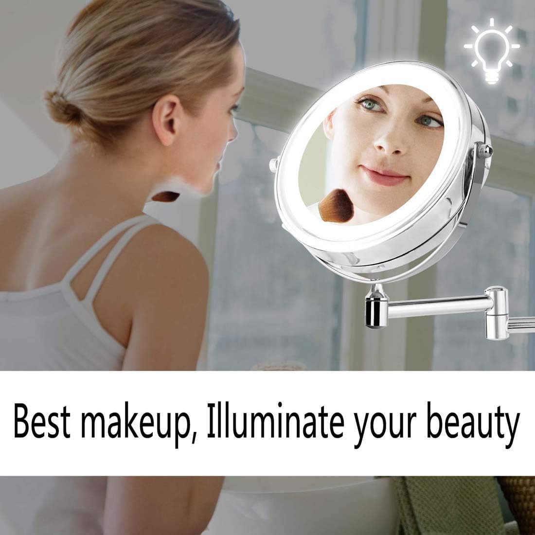 Wall Mounted Lighted Vanity Mirror 8 Inch 1X10X Magnifying Makeup Mirror Bathroom Magnifying Mirror Double Sided Swivel, Shaving Mirror Chrome