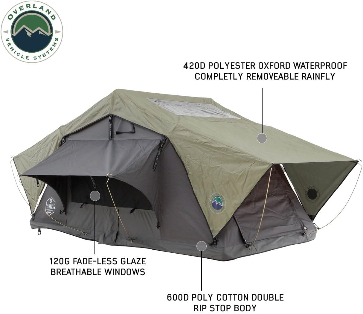 Overland Vehicle Systems HD Nomadic 3 – Tienda de campaña de techo de cubierta suave estándar, base gris oscuro con mosca de lluvia verde y cubierta