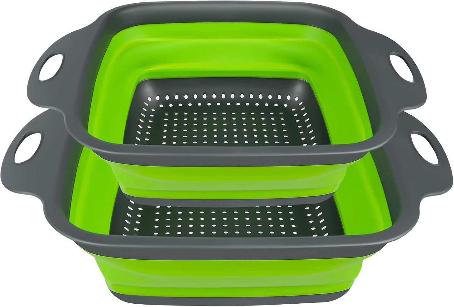 AUAUY Juego de 2 coladores plegables, colador plegable cuadrado de silicona con asas de plástico, colador de cocina ecológico con agujeros grandes