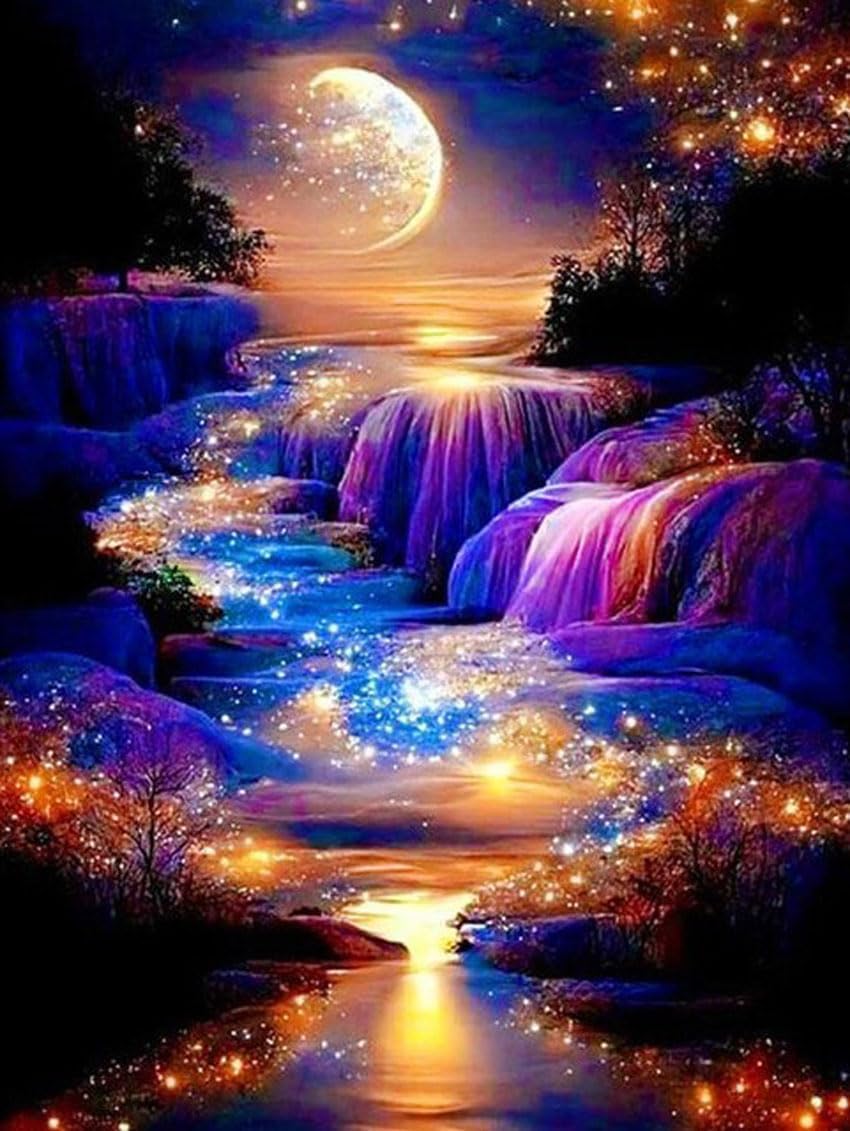 WUSARPLY Kits de pintura de diamantes con luz de luna para adultos, kit de arte de diamantes de paisaje nocturno, pintura de puntos de diamante con