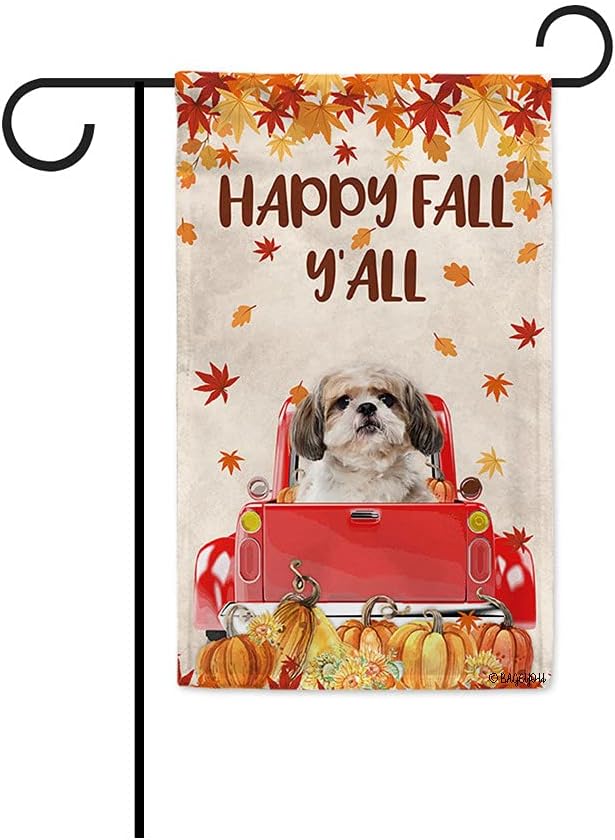 BAGEYOU Bandera de jardín de perro con hojas de arce con texto en inglés Happy Fall Y’all Shih Tzu in The Red Vintage Truck Harvest Pumpkin Patch