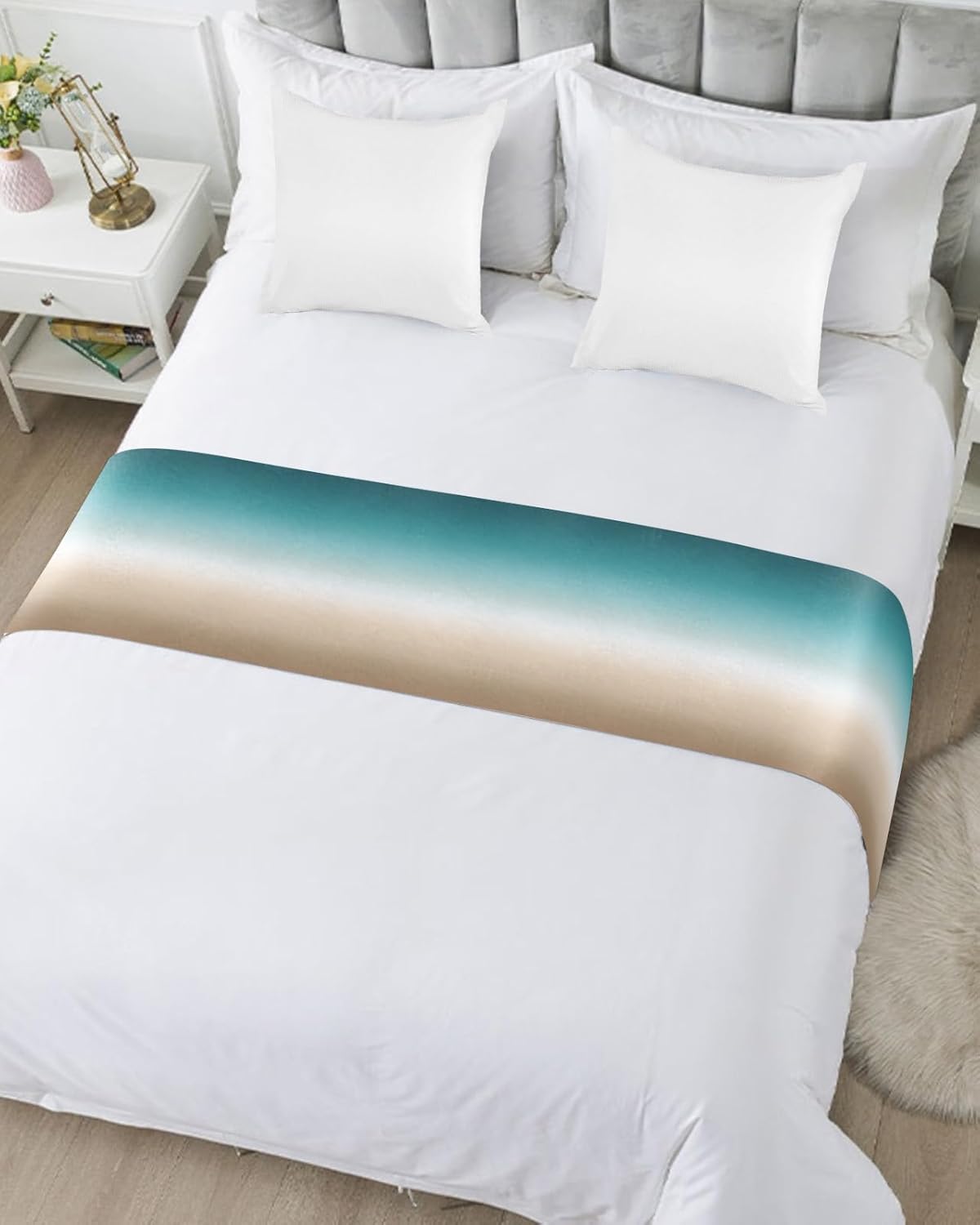 Smile Sunflower Bed Runner Scarf Teal Green Khaki Gradient Bedding Scarf Decorative Bed Runners Cover for Home Bedroom Hotel Wedding Room Bed Scarf