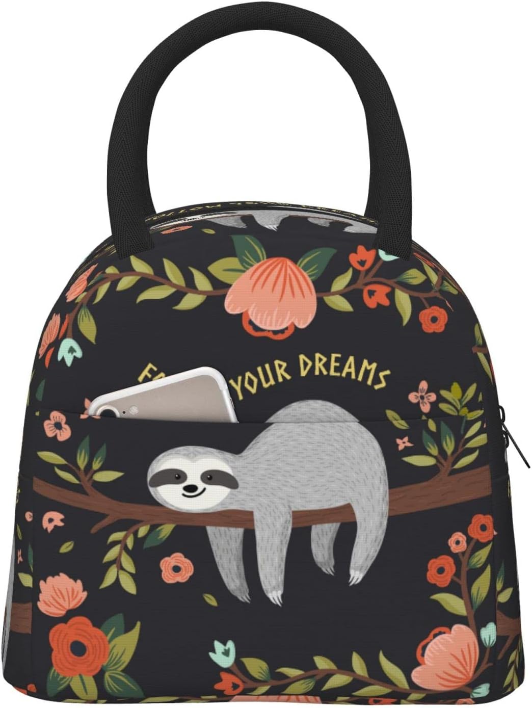Duduho Bolsa de almuerzo con texto en inglés “Follow Your Dream”, bolsa grande con diseño de perezoso, reutilizable, para mujeres, hombres, escuela,