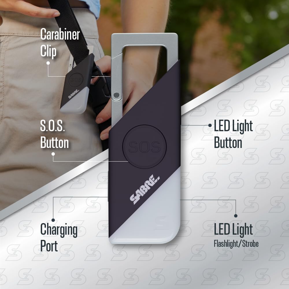 SABRE Alarma personal 2 en 1 con luz LED y botón SOS, sirena de 130 dB escuchada desde 1,800 pies (1,640.4 ft), clip de mosquetón para fácil