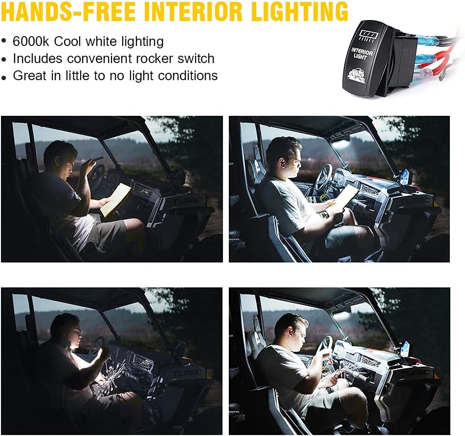 Xprite Espejo central de visión trasera UTV de 17.5 pulgadas con luces interiores e interruptor basculante, espejos retrovisores curvados de