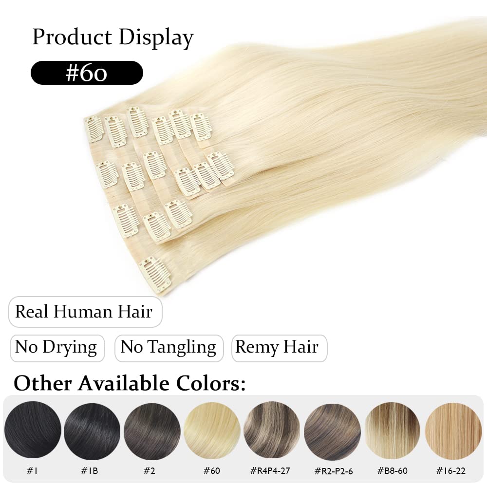 Extensiones de cabello real con broches, con clips de poliuretano, extensiones de cabello sin costuras, color rubio platino, #60, 16 pulgadas, 4.33
