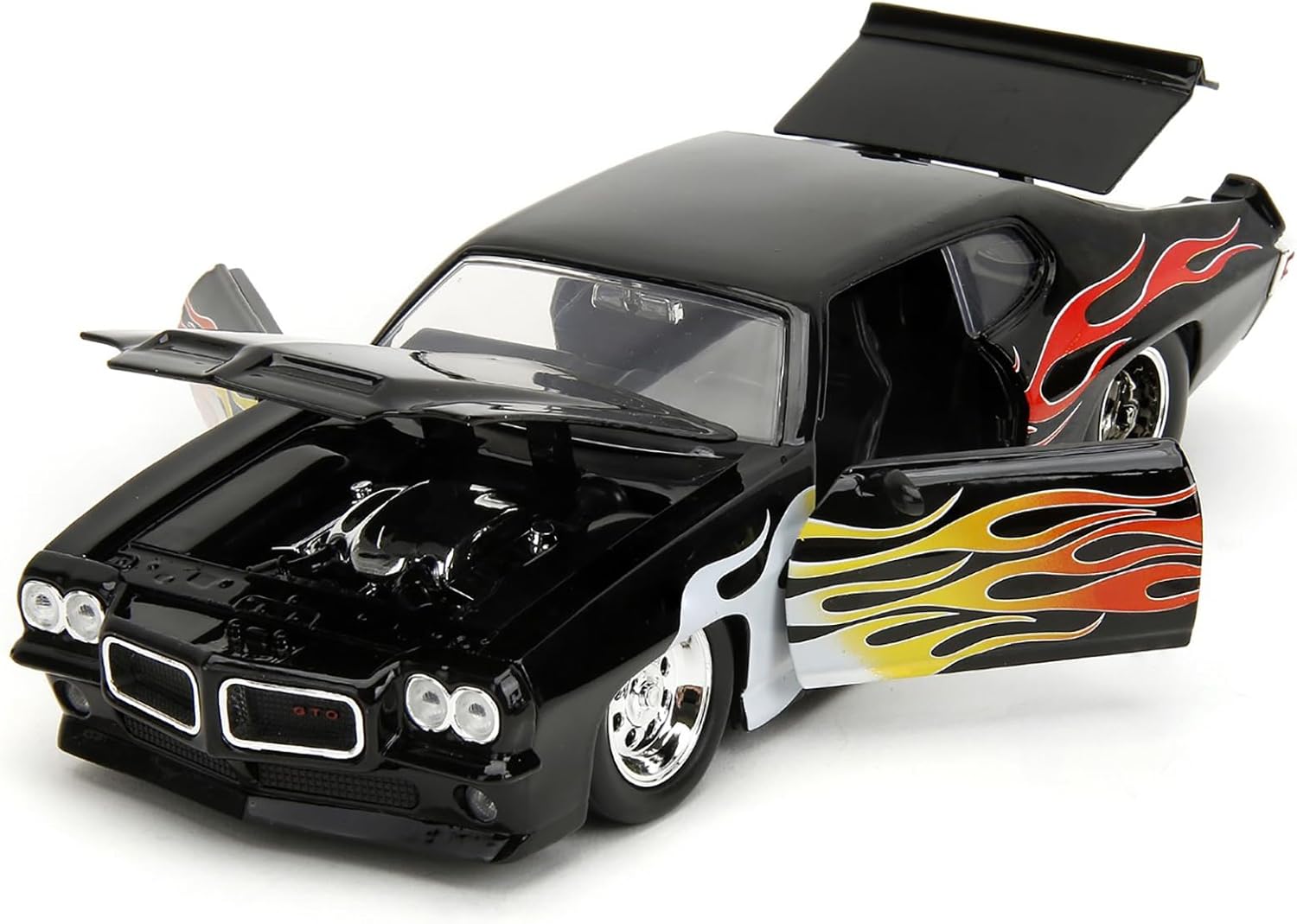 1971 Pontiac GTO Negro con Gráficos de Llama Bigtime Muscle Series 124 Modelo de coche fundido a presión por Jada 35022