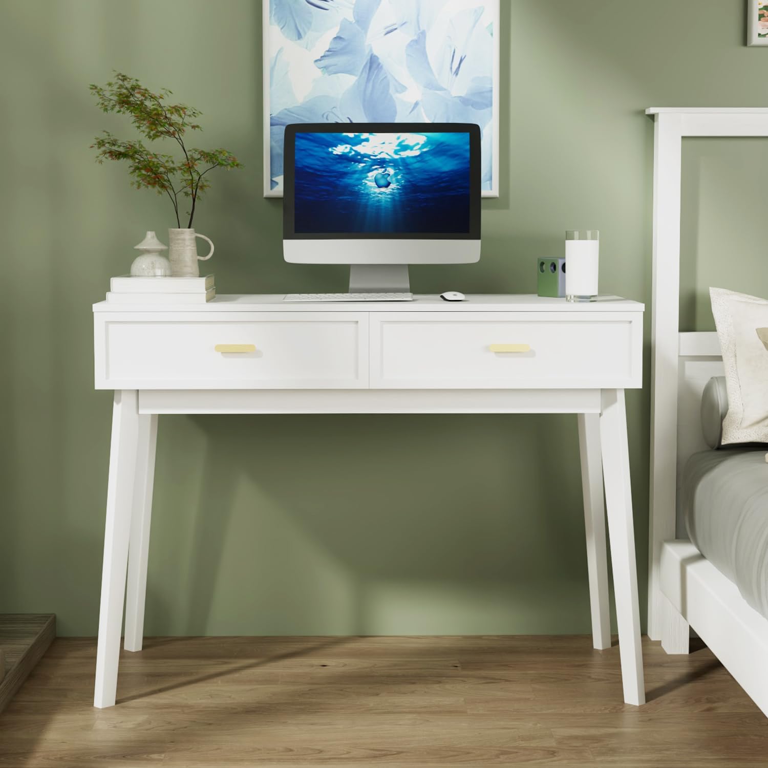 Escritorio blanco con cajones, mesa de computadora para oficina en casa, escritorio de estudio para espacios pequeños, tocador de dormitorio,