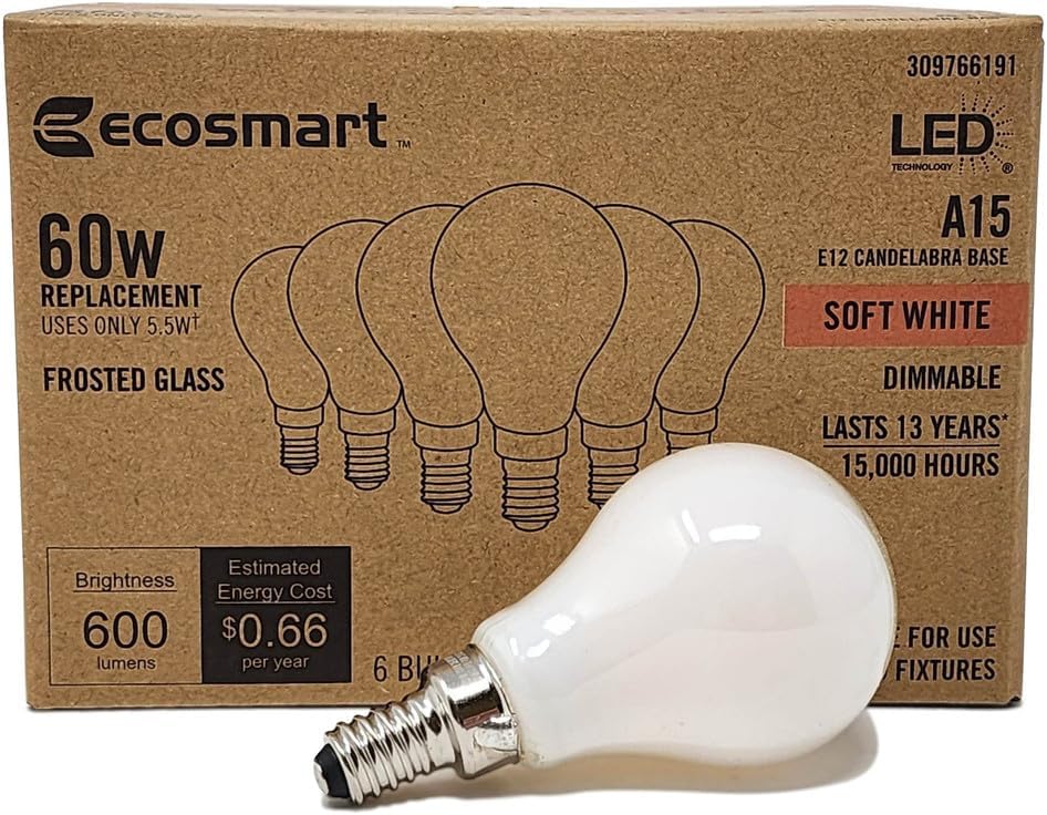 EcoSmart Bombilla LED esmerilada A15  60 W regulable blanco suave 2700 K  Base de candelabro E12  600 lúmenes  Bombillas para ventilador de techo