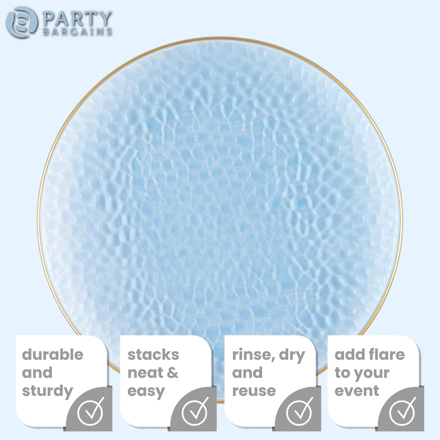 PARTY BARGAINS Placas de carga de 13 pulgadas, paquete de 8, borde azul dorado martillado, cargadores desechables resistentes para comedor elegante,