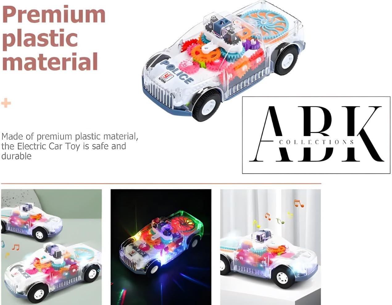 ABK – Coche de juguete transparente, con sistema de engranajes móviles de colores visibles, luz y sonido transparente, luz y sonido, efectos de luz