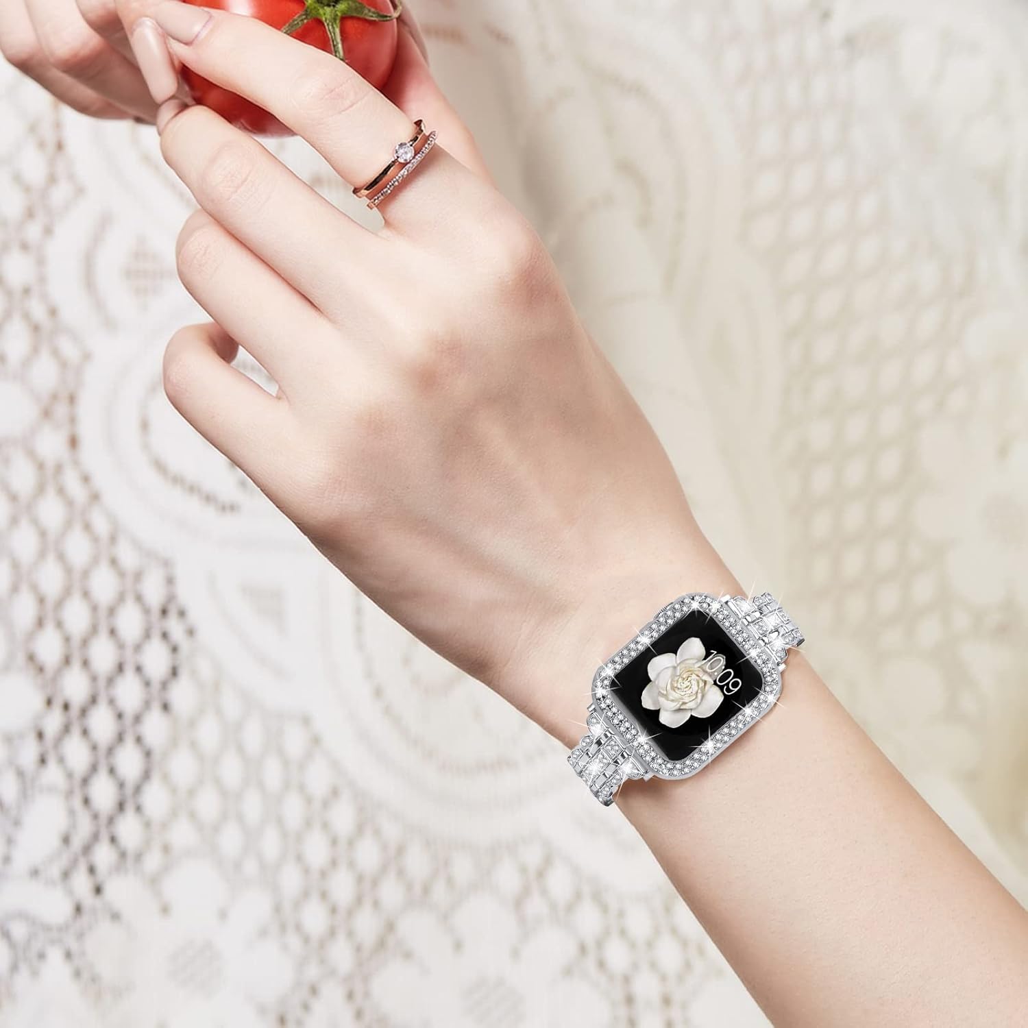 Correas brillantes y funda compatible con Apple Watch de 1.49, 1.57, 1.61, 1.65, 1.73, 1.77 y 1.73 pulgadas, pulsera delgada de metal con cubierta