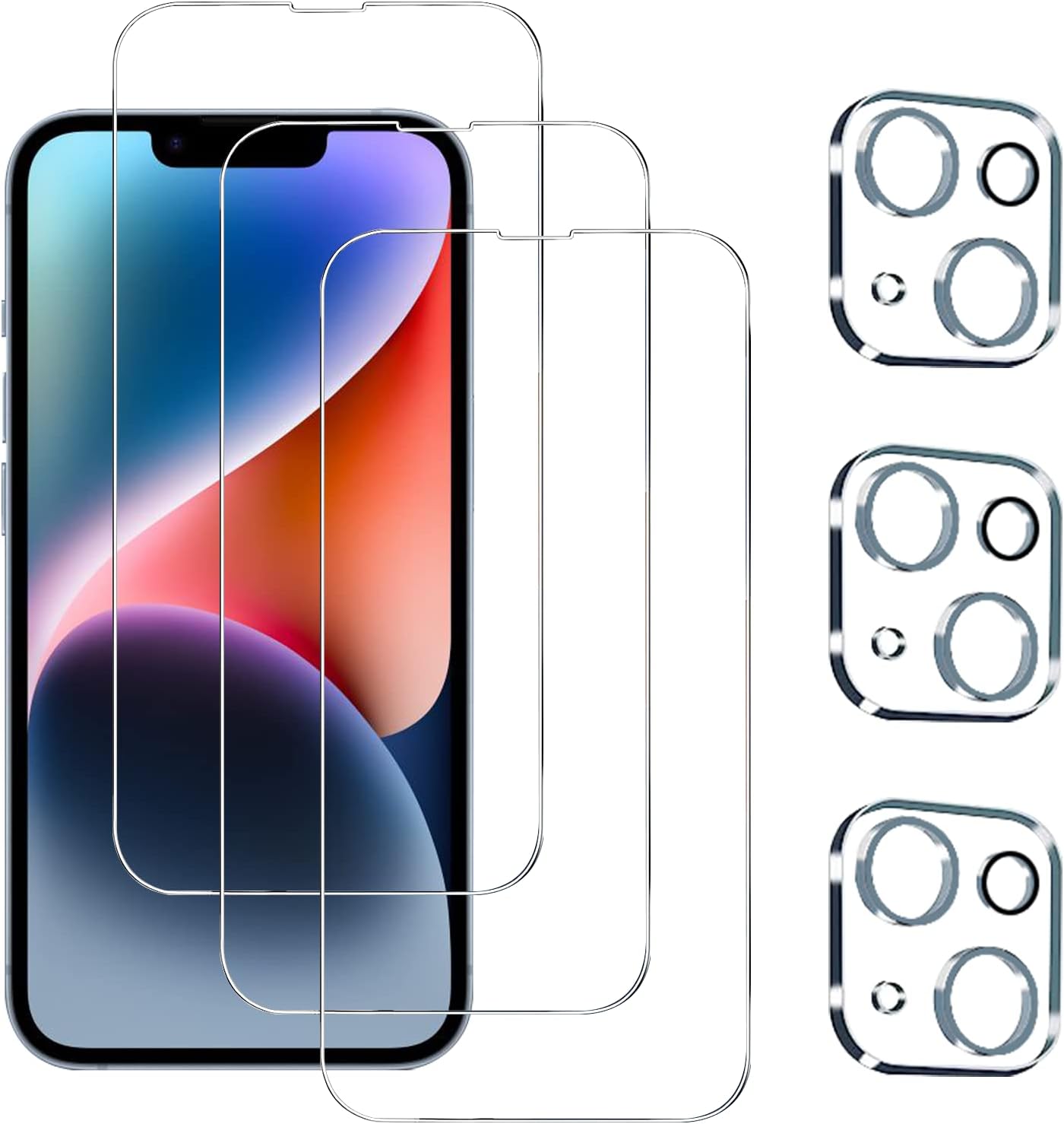 Paquete de 3+3 Protector de pantalla de vidrio templado para iPhone 14, protector de pantalla de lente de cámara con marco de alineación, sensible