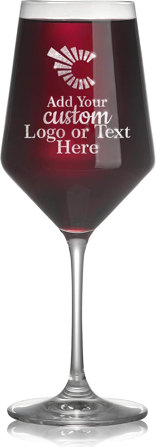 Copa de vino de cristal personalizada de 18 onzas con tu diseño de logotipo personalizado o texto personalizado, grabado láser permanente, recuerdos