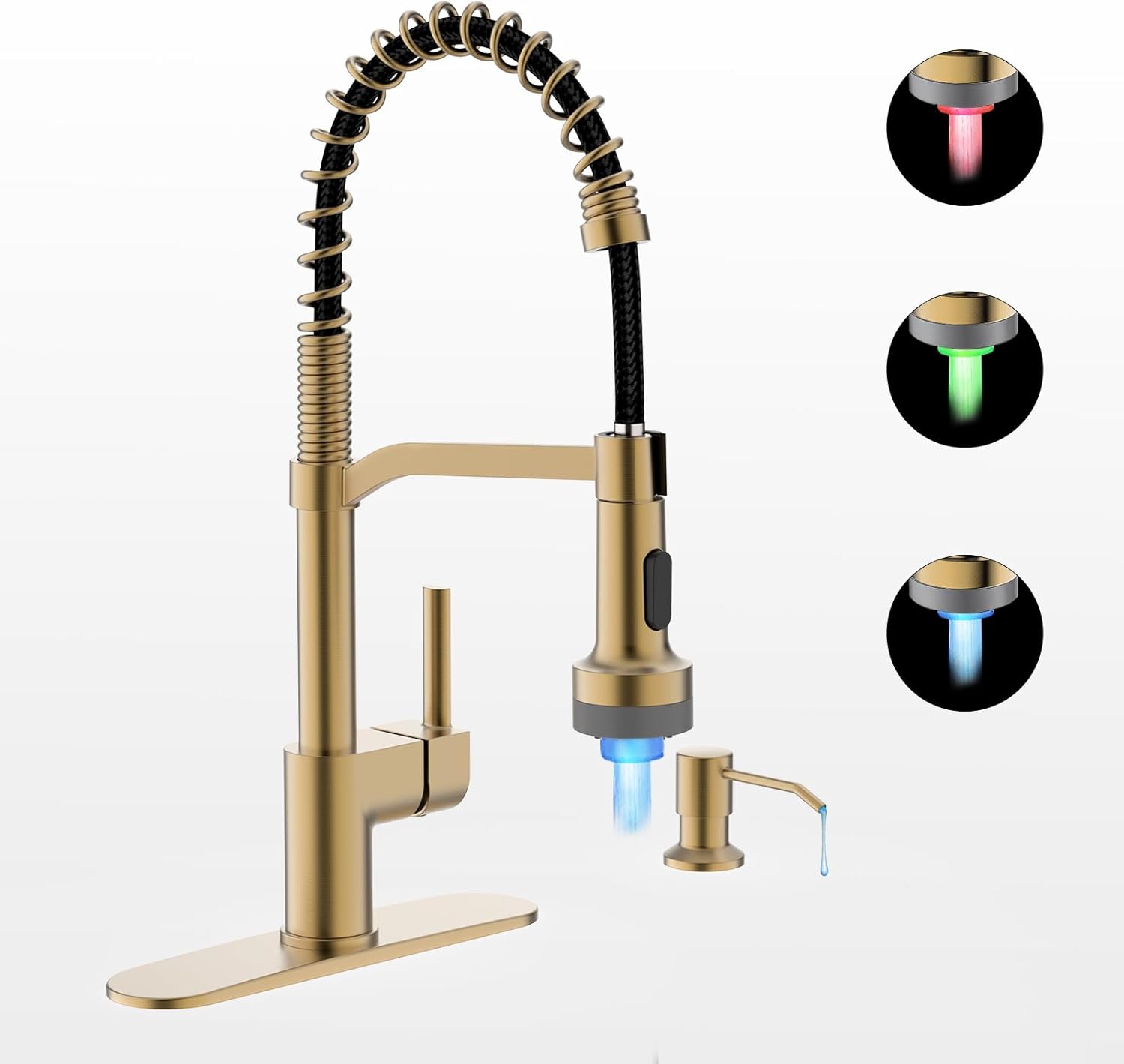 Grifo de cocina LED con dispensador de jabón, grifo de cocina dorado, grifo para fregadero de cocina, grifo de acero inoxidable de una sola manija