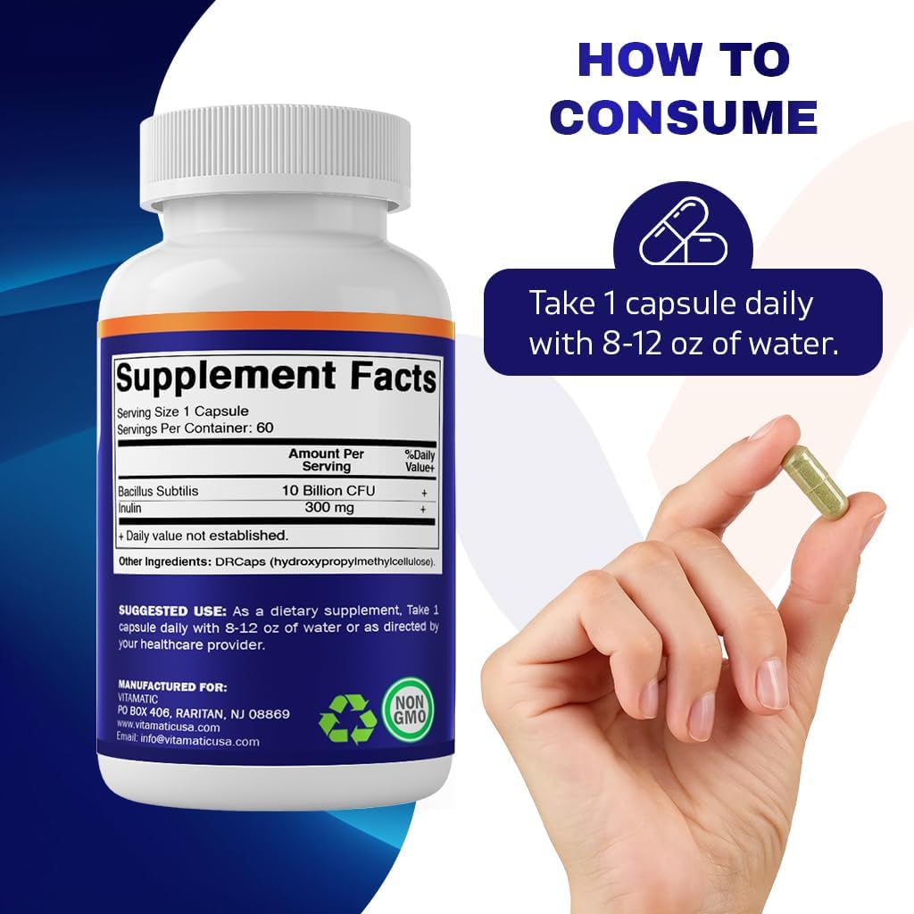 Vitamatic Bacillus Subtilis 10 mil millones por cápsula DR  60 unidades  Apoyo digestivo, intestinal e inmunitario  Fabricado con fibra de inulina