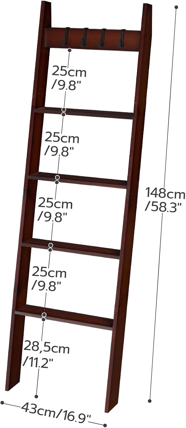 Escalera para manta para sala de estar y dormitorio, toallero de pared de 5 niveles para baño, estante decorativo de escalera con 4 ganchos