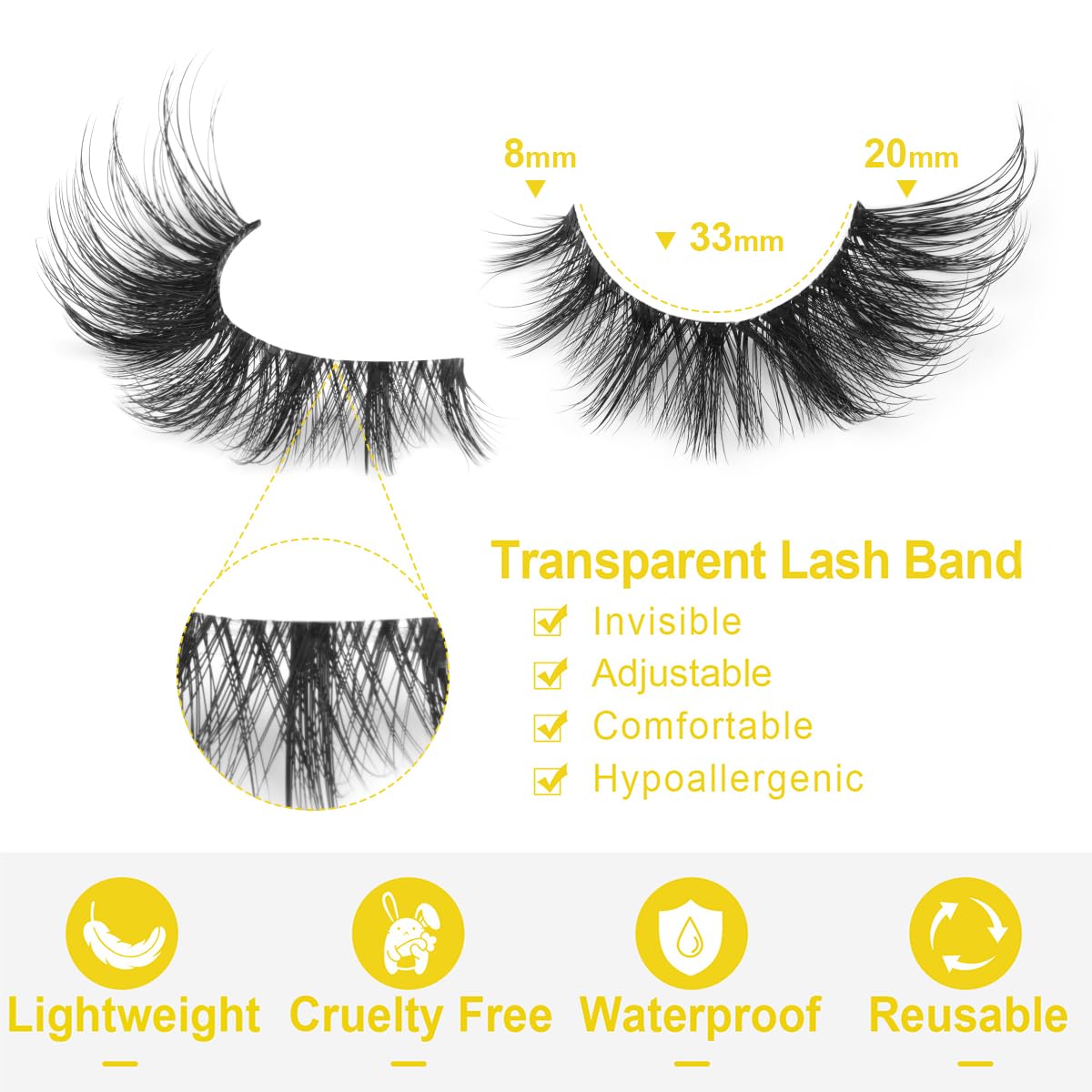 Pestañas postizas de ojo de zorro, pestañas postizas de aspecto natural, pestañas de banda transparente, esponjosas de 0.787 pulgadas, pestañas de