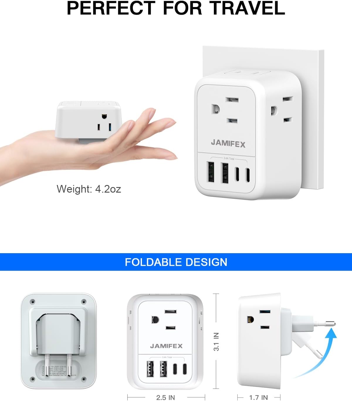 Adaptador de enchufe de viaje europeo plegable, adaptador de enchufe de alimentación internacional JAMIFEX con 4 tomas, 4 puertos USB (2 USB-C),