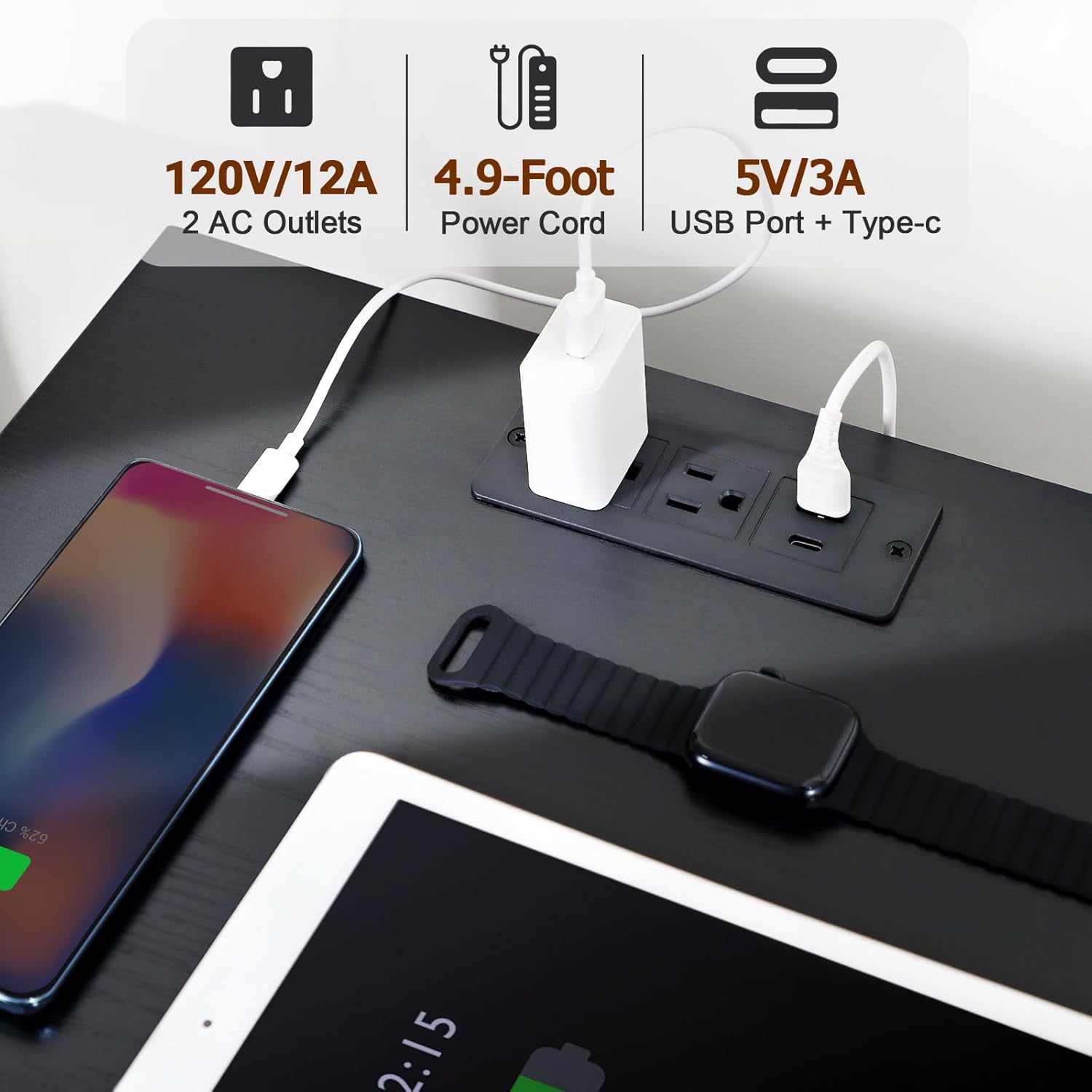Juego de 2 mesitas de noche, mesa auxiliar con estación de carga, mesita de noche de mesa ancha con tira de luz LED para dormitorio HNS013BK