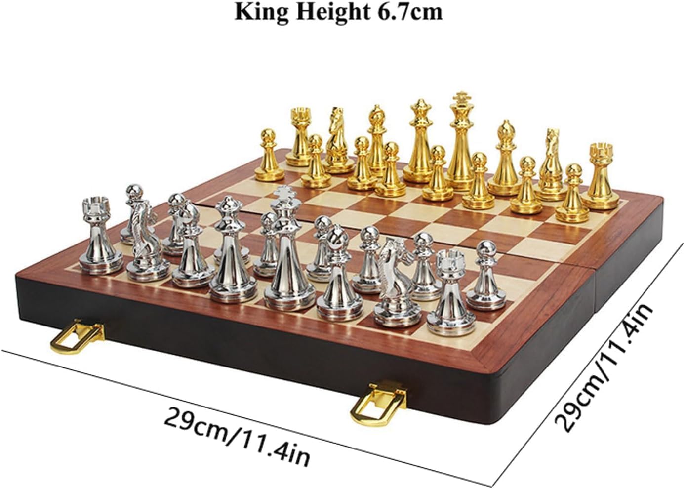 MaGILL Juego de ajedrez internacional de ajedrez de madera, tablero de ajedrez plegable grande con piezas de ajedrez de metal dorado y plateado con