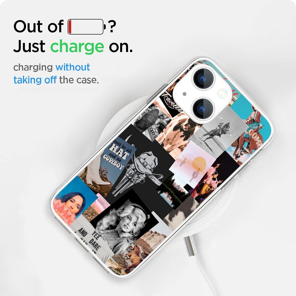 OUYAGAOYUAN Funda compatible con iPhone 15 Plus, diseño retro occidental, vaquera, vaquera, country chic, collage estético, a prueba de golpes, con