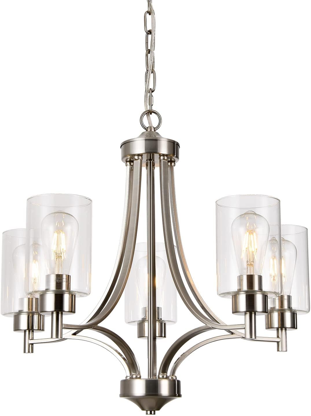 BOZO Moderno candelabro de 5 luces de níquel cepillado para comedor con pantalla de vidrio transparente colgante de techo para cocina pasillo