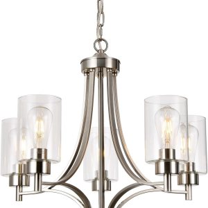 BOZO Moderno candelabro de 5 luces de níquel cepillado para comedor con pantalla de vidrio transparente colgante de techo para cocina pasillo BOZO Moderno candelabro de 5 luces de níquel cepillado para comedor con pantalla de vidrio transparente colgante de techo para cocina pasillo