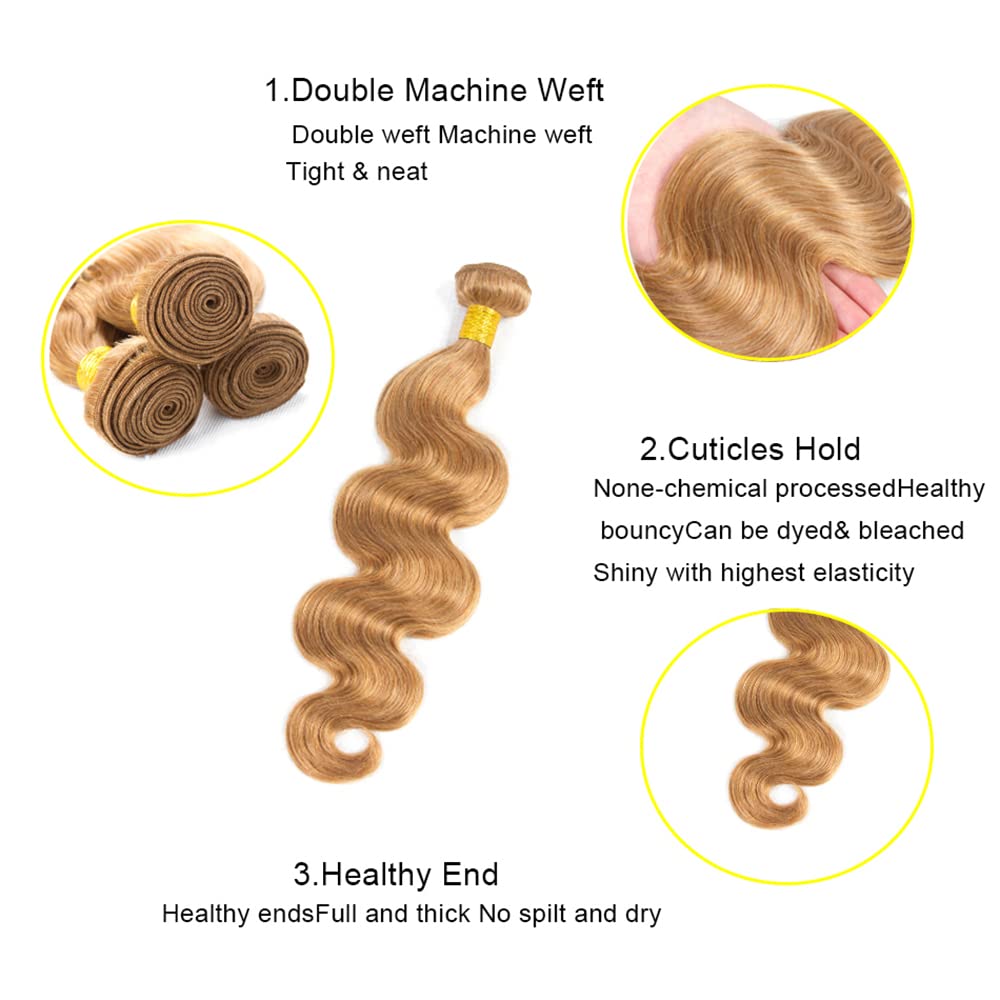 Color 27 – Manojos de cabello humano rubio miel, paquetes de cabello Remy virgen brasileño, 3 paquetes de 12, 14, 16 pulgadas, extensiones de