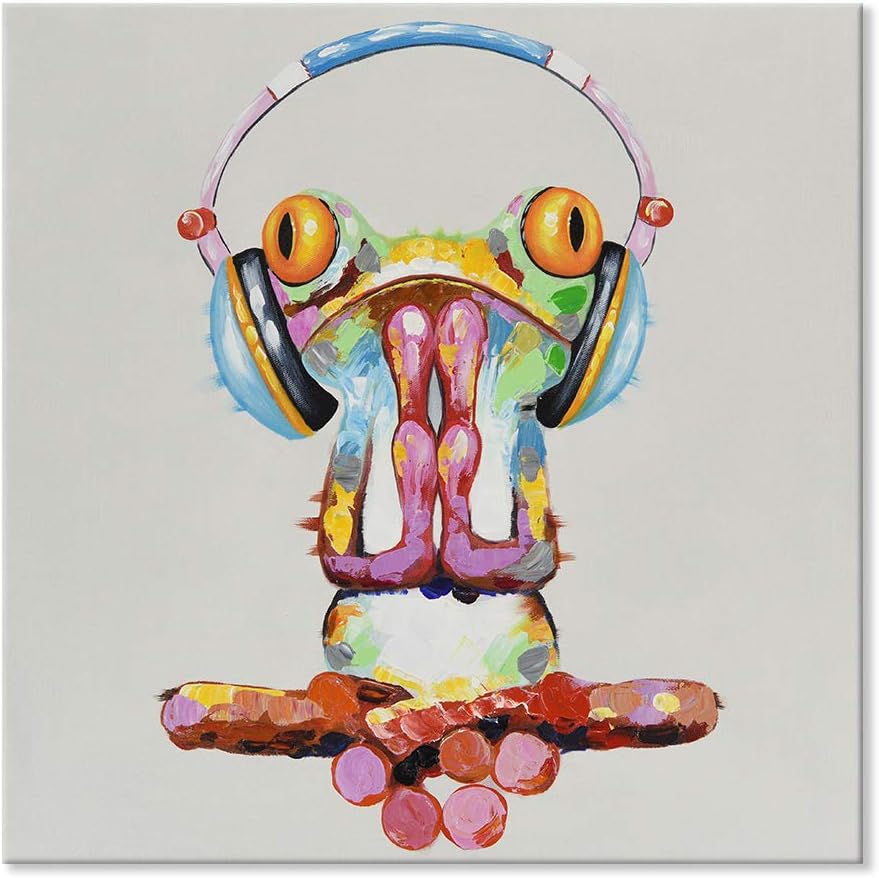 JAPO ART Las ranas están haciendo yoga y escuchando música, divertido animal meditan rana 100% pintada a mano, pintura al óleo con marco estirado,