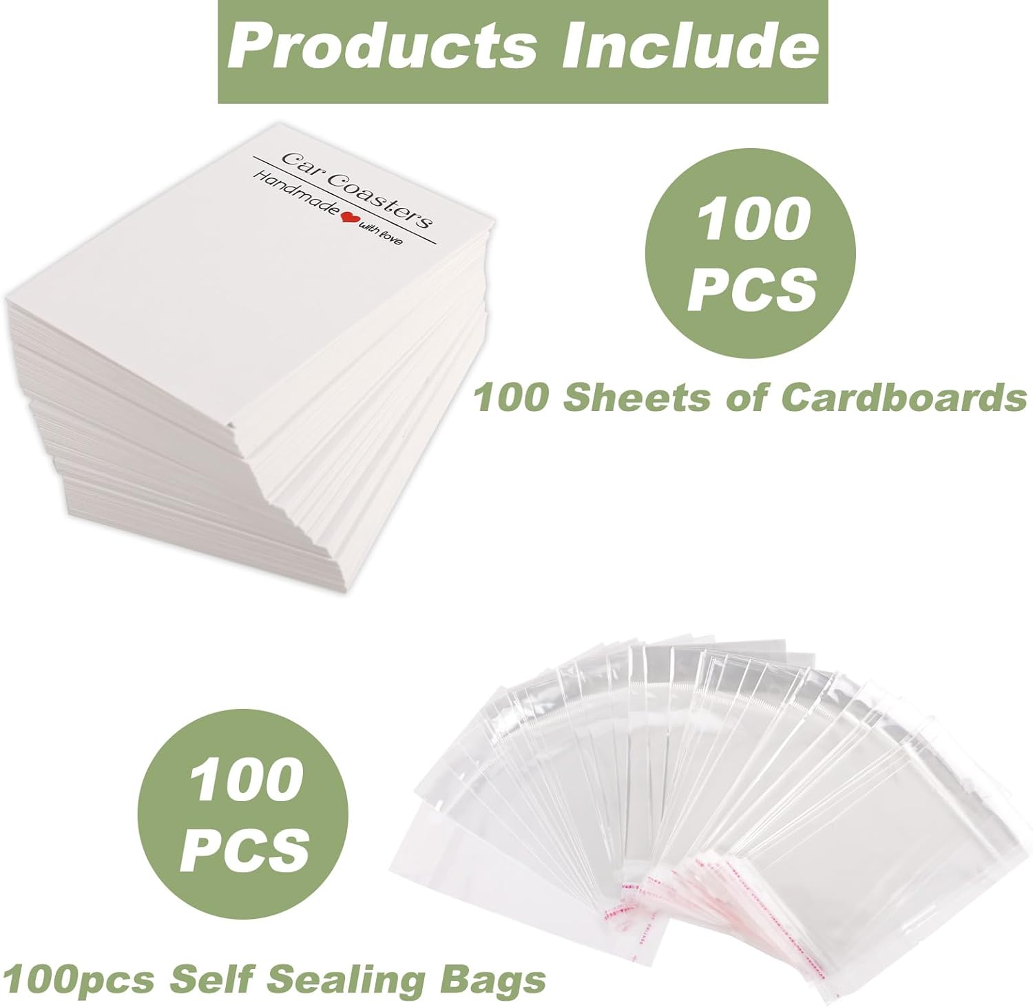 Paquete de 100 posavasos para automóvil, incluye 100 posavasos para automóvil y 100 bolsas de celofán autosellables, embalaje de posavasos de