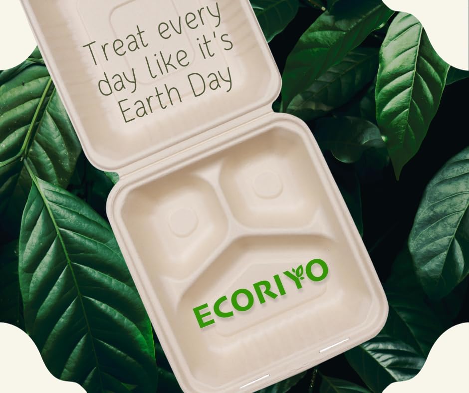 ECORIYO Contenedores de 3 compartimentos para llevar con tapas, paquete de 100 cajas para llevar, recipientes desechables para alimentos, platos de