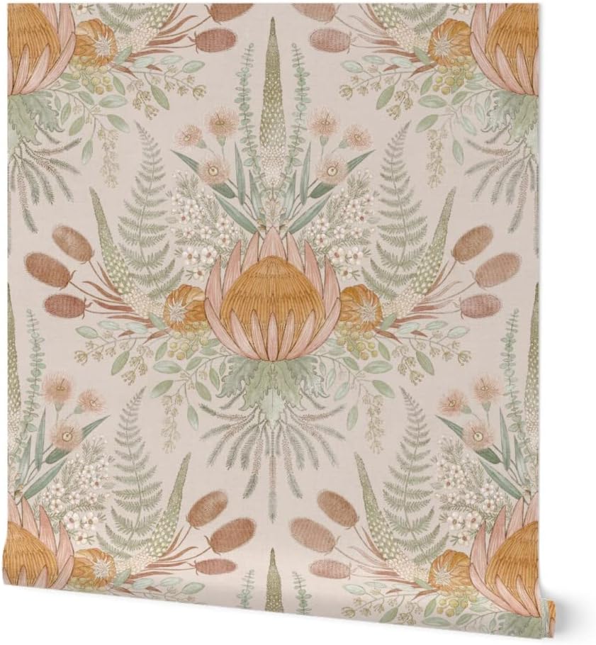 Spoonflower Papel tapiz autoadhesivo de 12 x 2 pies, flora neutra, damasco, cardo verde salvia, eucalipto, colores terrosos, flora australiana,