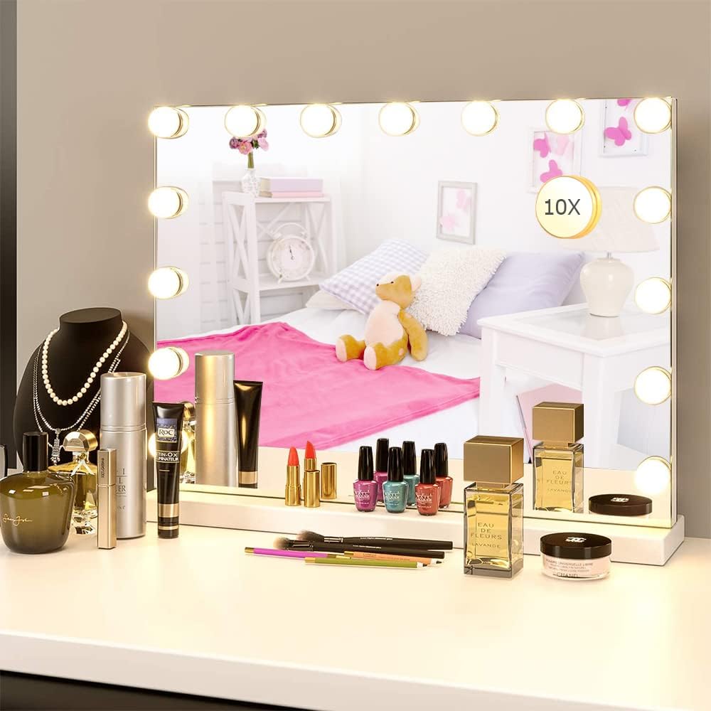 Espejo de maquillaje con luces, aumento de 10X, espejo de tocador grande iluminado Hollywood con 15 bombillas LED regulables, 3 modos de color,