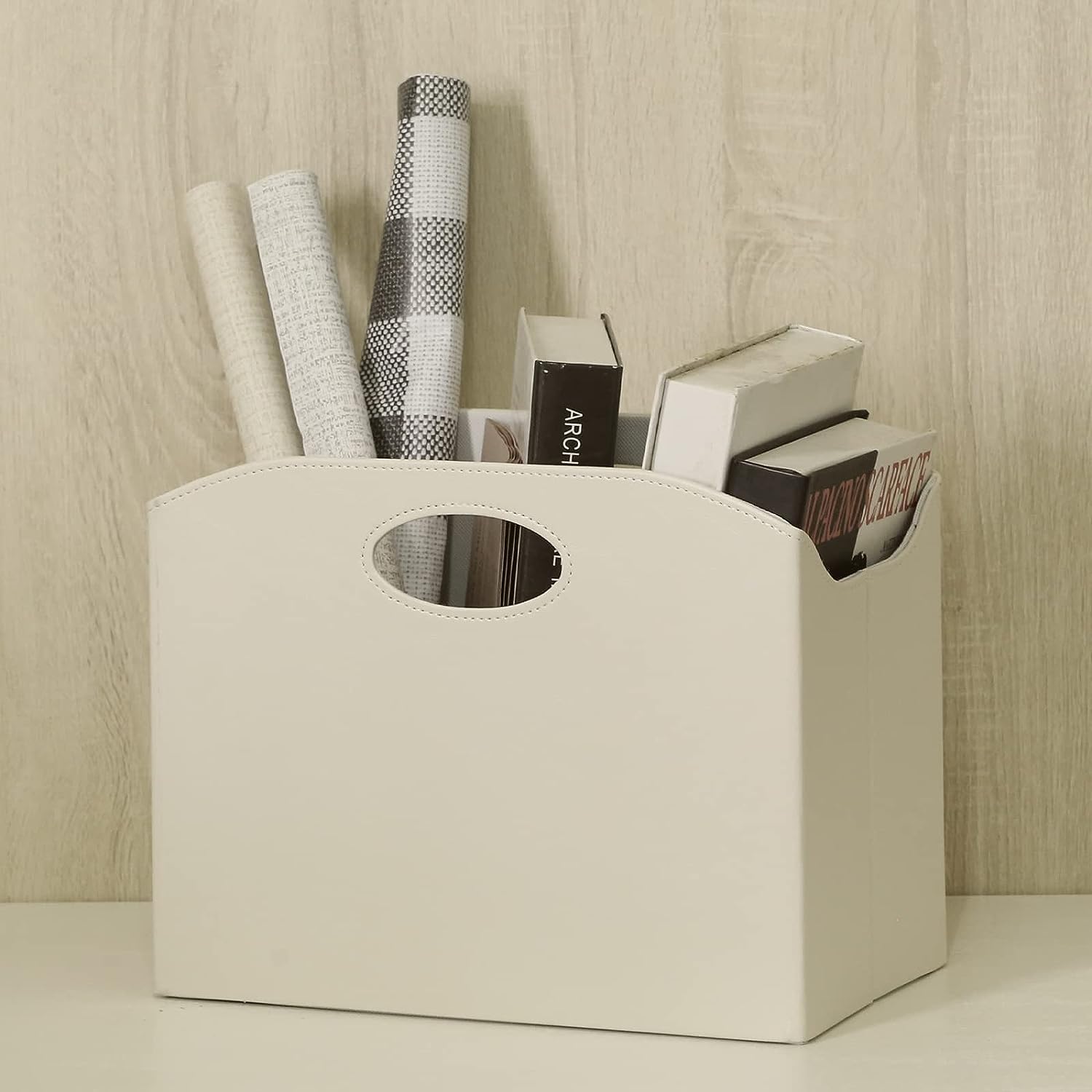 EZDeco Paquete de 2 revisteros, revistero de piel sintética, cesta de almacenamiento plegable para documentos de periódicos, organizador de carpetas