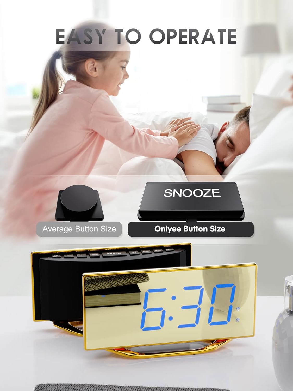 Reloj despertador digital con pantalla grande para adultos y adolescentes que duermen pesadamente, relojes de espejo dorado de 8.7 pulgadas para