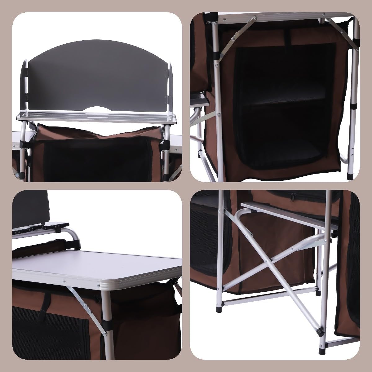 Mesa de cocina plegable para acampar con almacenamiento y 2 mesas laterales, parabrisas desmontable, estación de cocina portátil para campamento al