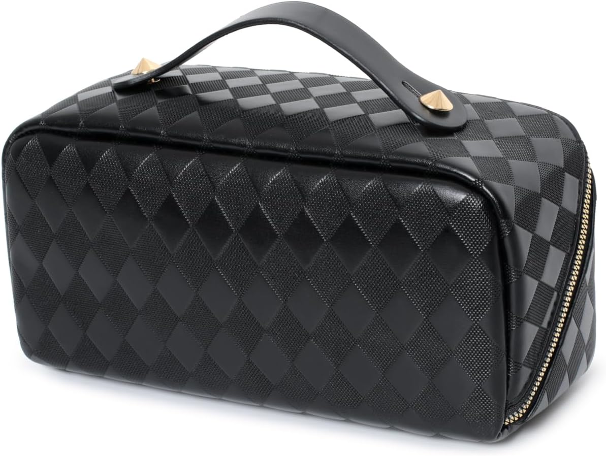 Bolsa de maquillaje de viaje, bolsa de maquillaje de gran apertura, bolsa de maquillaje portátil que se abre plana para un fácil acceso, bolsa de