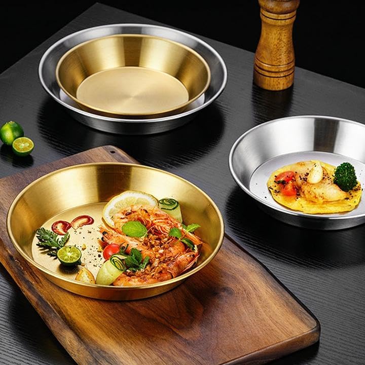 2 platos llanos de acero inoxidable, platos redondos de metal para ensalada de frutas, 7 pulgadas, color dorado