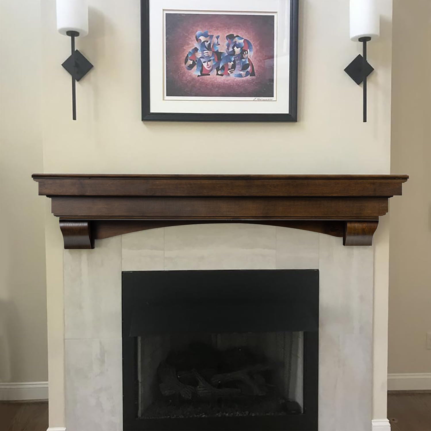 MANTELSDIRECT Mantels Direct Salem – Estantería de madera con ménsulas arqueadas, palisandro de 60 pulgadas, estante rústico de madera de pino para