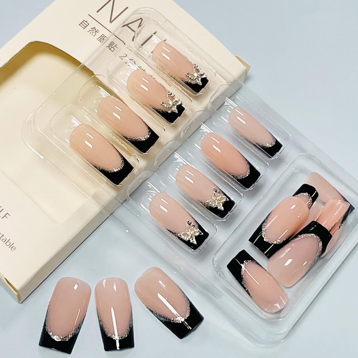 24 uñas postizas a presión con punta francesa, uñas postizas largas color rosa nude, con diseño de mariposa con diamantes de imitación, uñas