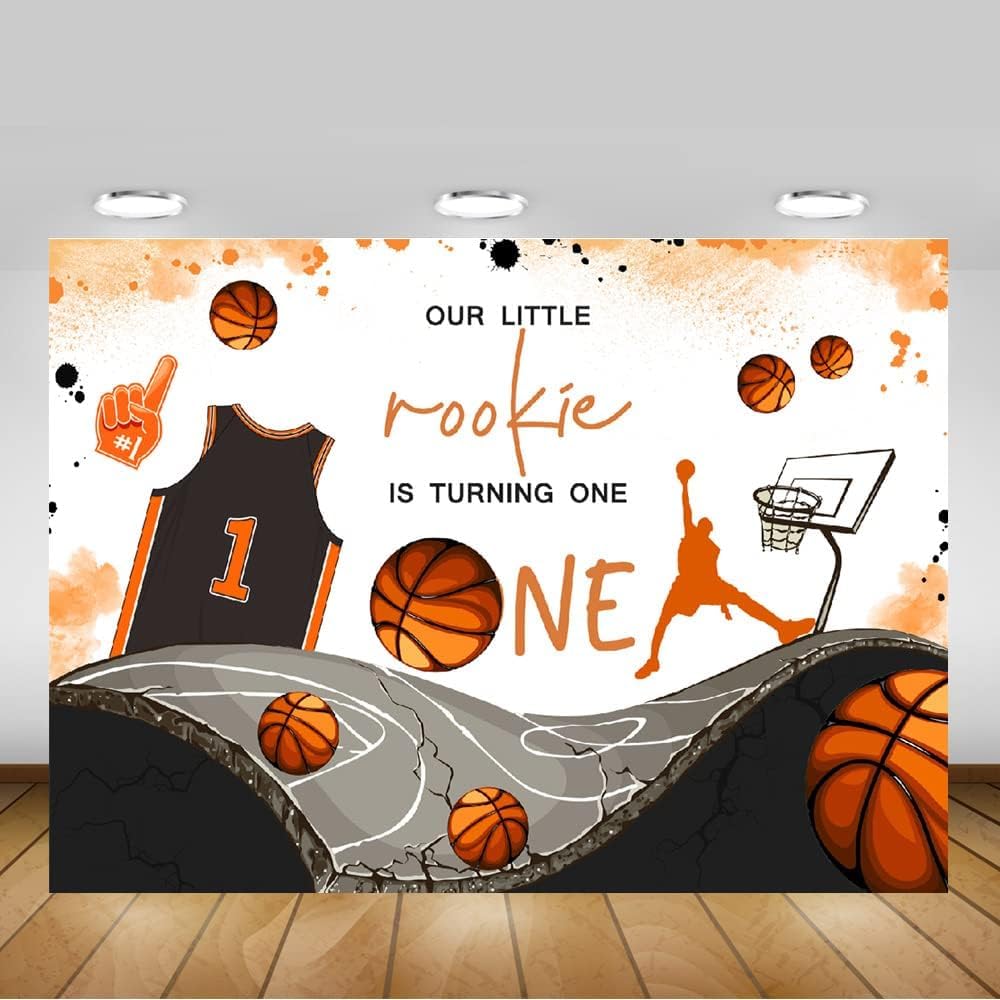 Mocsicka Telón de fondo con tema de baloncesto para el primer cumpleaños para niño, Our Little Rookie is Turning One, decoraciones de fiesta,