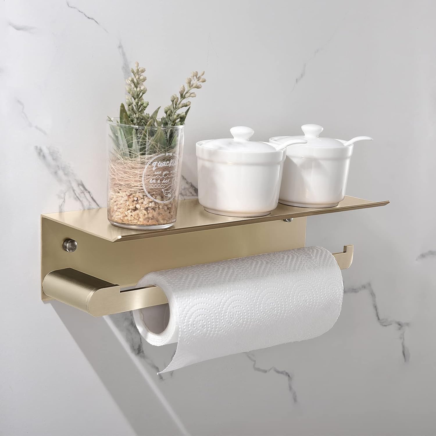 Soporte de pared para toallas de papel para cocina, soporte autoadhesivo para toallas de papel con estante para baño, aluminio antioxidante, sin