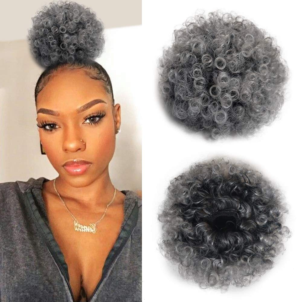 Yinmei Baibian Extensiones de moño afro corto con cordón de coleta afro, rizado y rizado, color gris oscuro, extensiones de moño sintético para