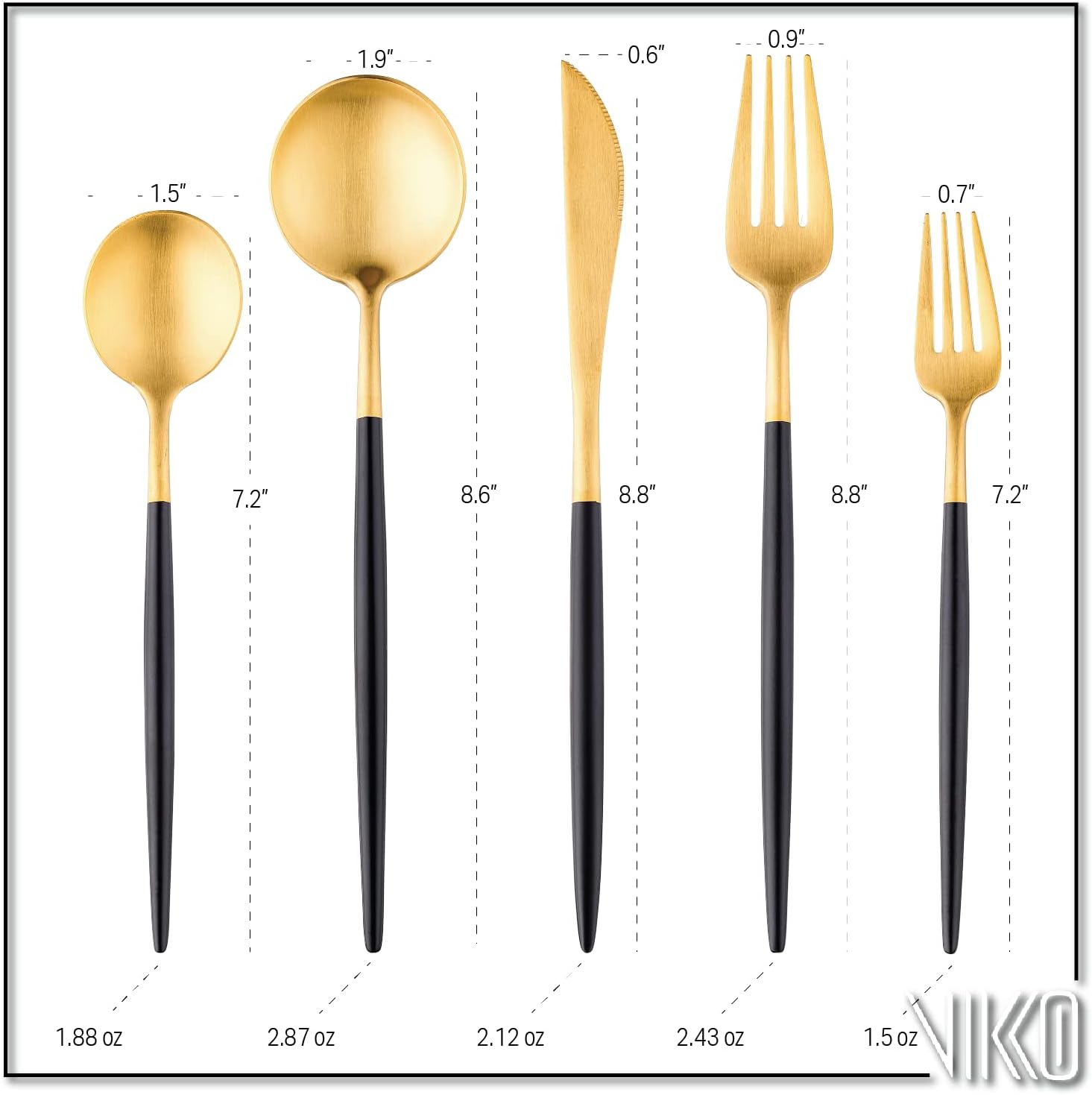Vikko Decor Modern – Juego de cubiertos negros y dorados, acero inoxidable 1810, elegantes cubiertos de mango largo, cubiertos de dos tonos para