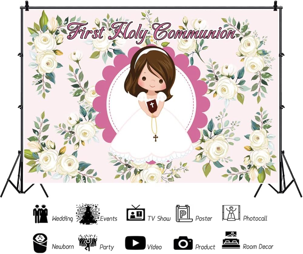 Leyiyi Telón de fondo de fiesta de primera comunión de 8 x 6 pies para niña, bautismo, fiesta, bautizo, fotografía, fondo rústico, flores florales,