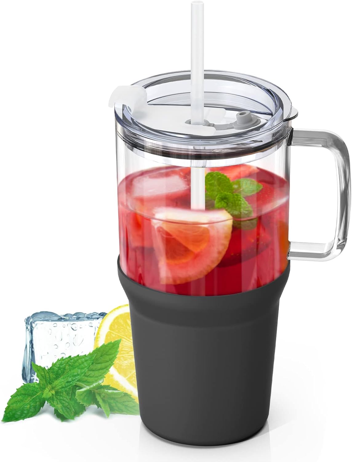 Zenbo Vaso de vidrio con tapa y popote, taza de café helado de 32 onzas con asa, botellas de agua de vidrio con funda de silicona, taza de vidrio