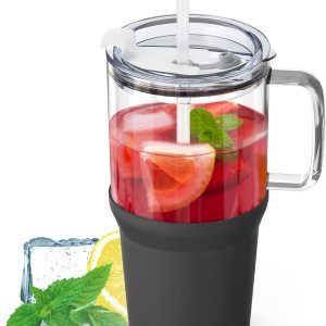 Zenbo Vaso de vidrio con tapa y popote, taza de café helado de 32 onzas con asa, botellas de agua de vidrio con funda de silicona, taza de vidrio Zenbo Vaso de vidrio con tapa y popote, taza de café helado de 32 onzas con asa, botellas de agua de vidrio con funda de silicona, taza de vidrio